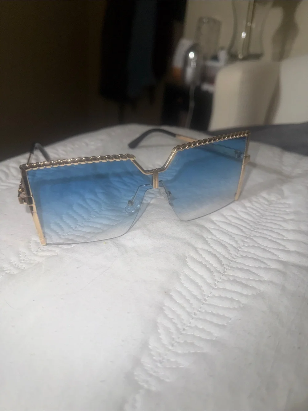 Gold Frame Blue Gradient Rimless Shield Sunglasses